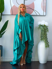  Solid Draped Batwing Sleeve Button Up Shirt Dress