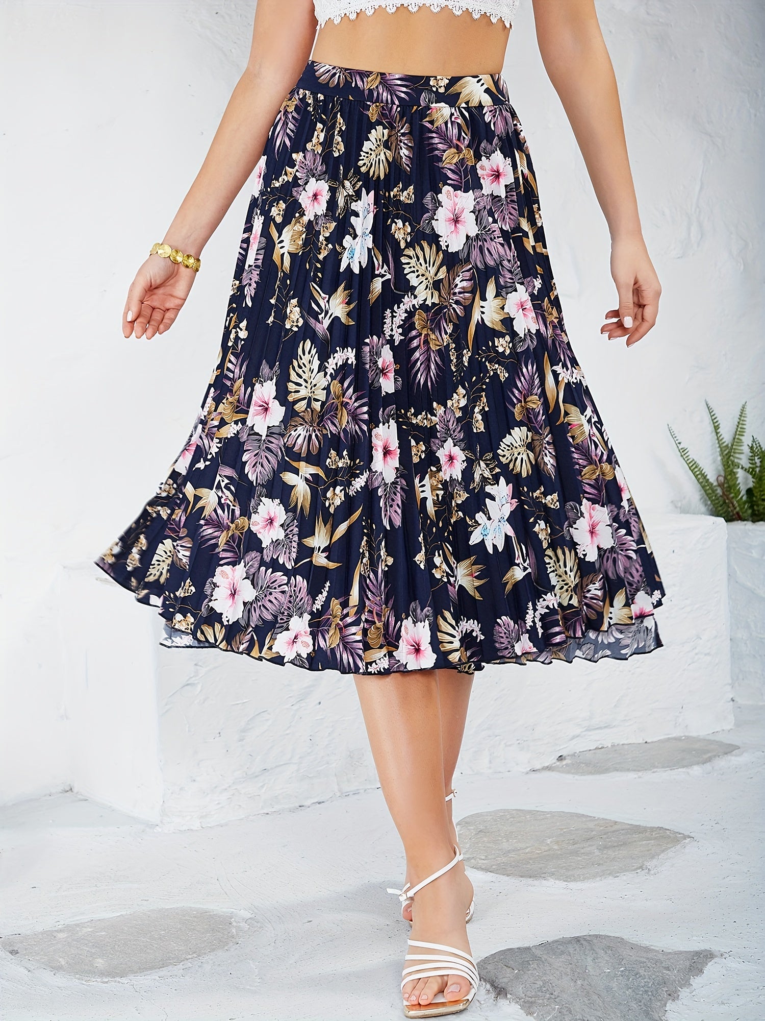 Vintage Flower Print Skirts Pleated A Line Summer Skirts Women's Clothing