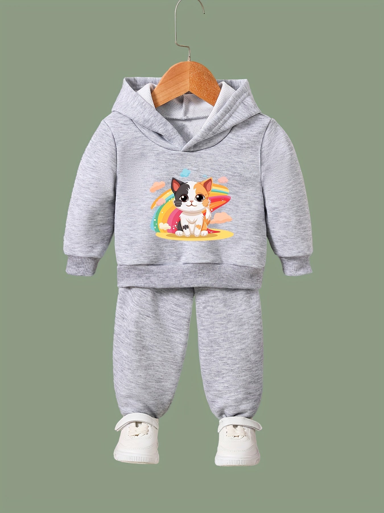 Rainbow Kitty Print Hoodies Pants Set For Kids