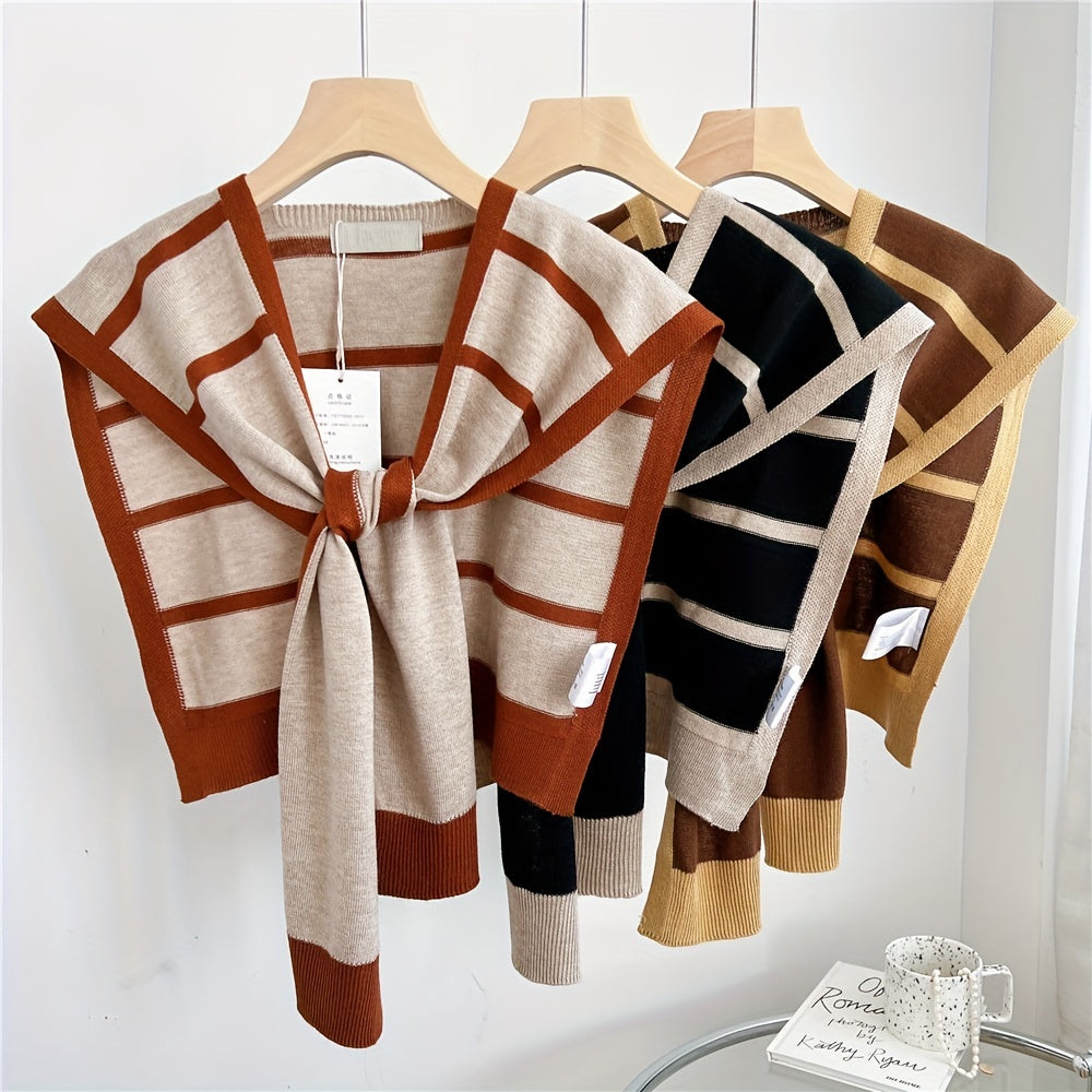 Striped Knitted Shawl Lace Up Cape Windproof Shawls False Collar
