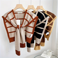 Striped Knitted Shawl Lace Up Cape Windproof Shawls False Collar
