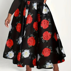 Floral Print Elastic High Rise A line Pleated Maxi Skirt