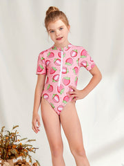 Girl's Strawberry Pattern Onesie Swimsuit Tankini Short Sleeve Bathing Suit