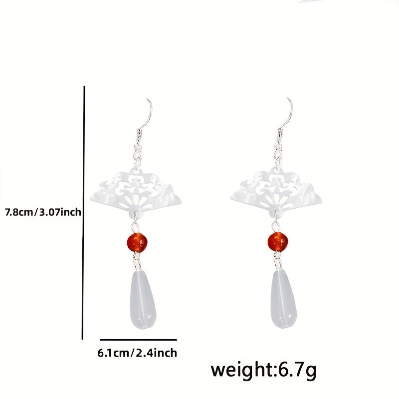 Vintage Hollow Fan Earrings, Jade Water Drop Antique Earrings