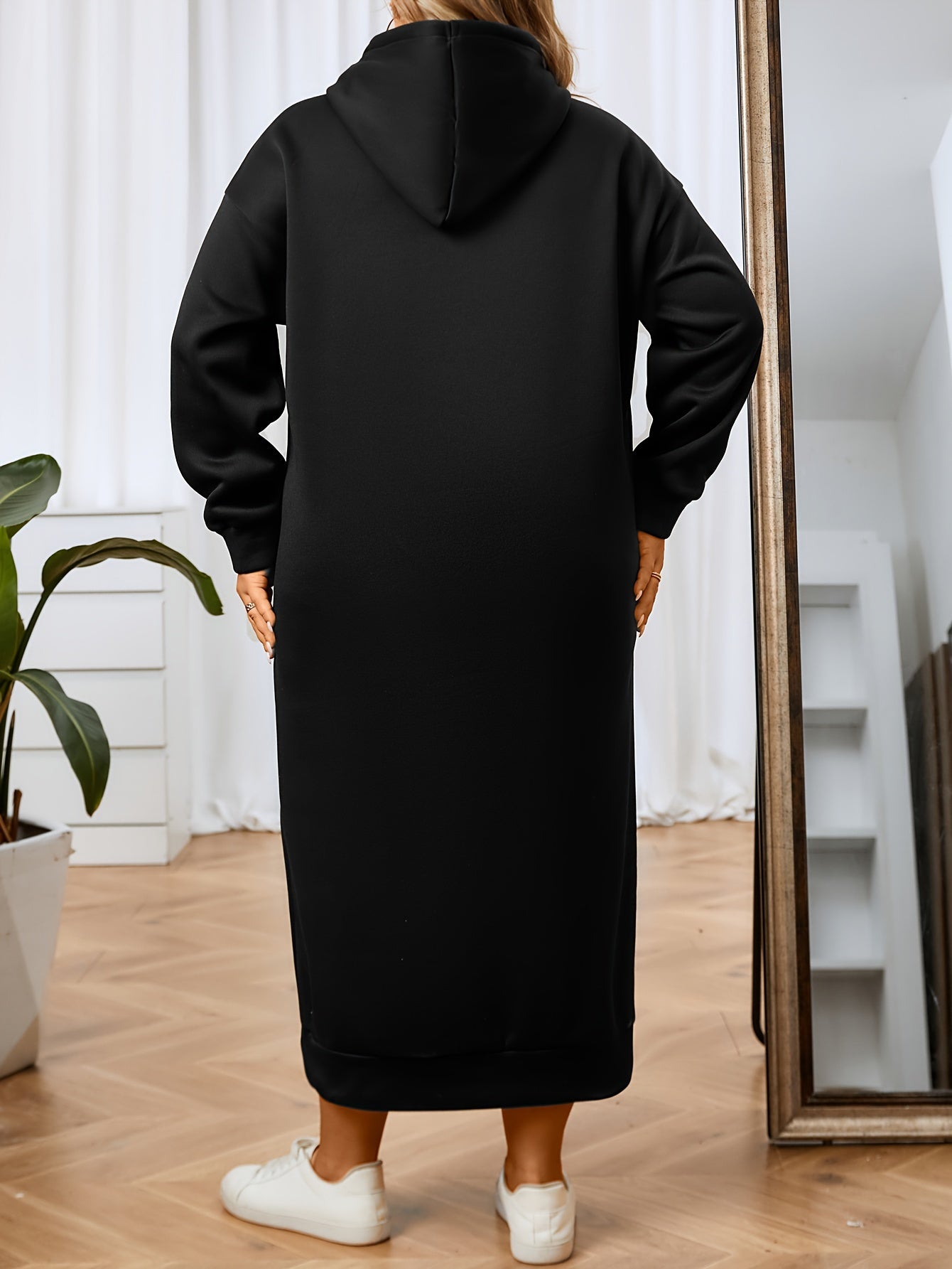  Casual Dress Women's Plus Solid Long Sleeve Hooded Sweatshirt Dress