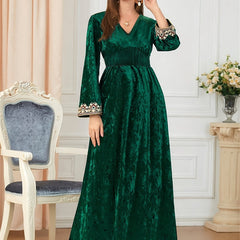  Velvet Applique Jalabiya Dress Long Sleeve Maxi Dress