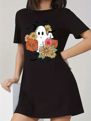  Ghost & Floral Print Short Sleeve Round Neck Tee Dress
