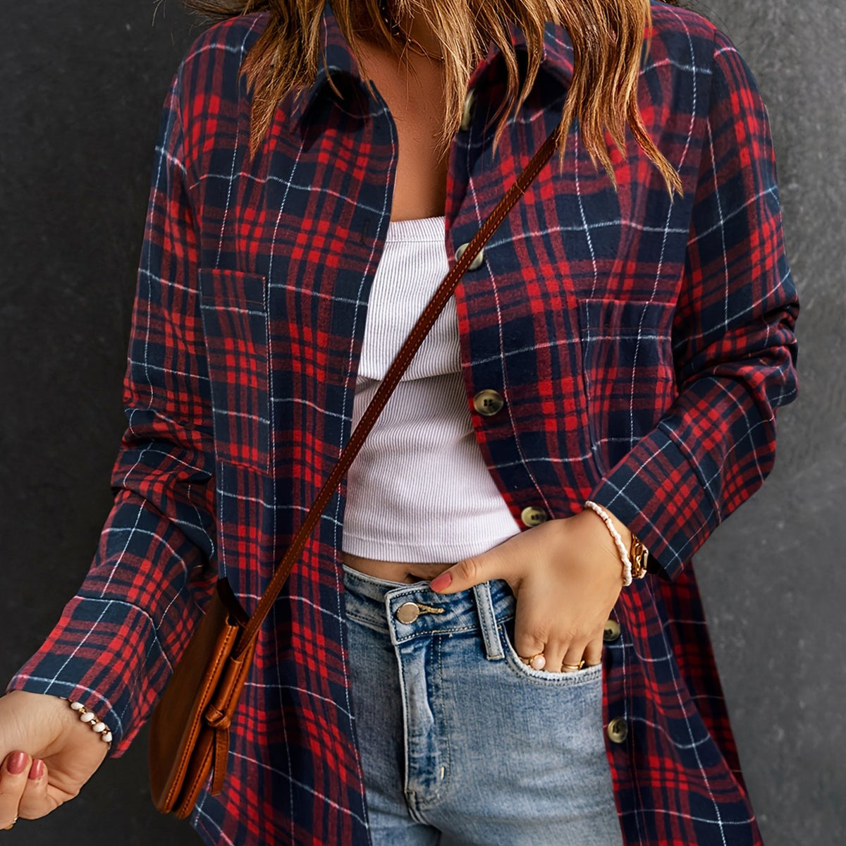  Casual Plaid Print Button Up Long Sleeve Shirt Top