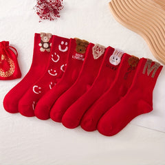 4 Pairs Cartoon Pattern Socks Chinese Year Women's Stockings
