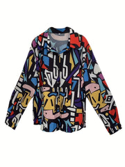  Colorblock Geometric Print Button Up Blouse