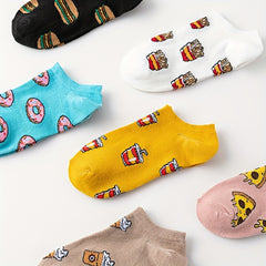 6 Pairs Cartoon Food Print Socks & Funny Low Cut Ankle Socks Women's Stockings