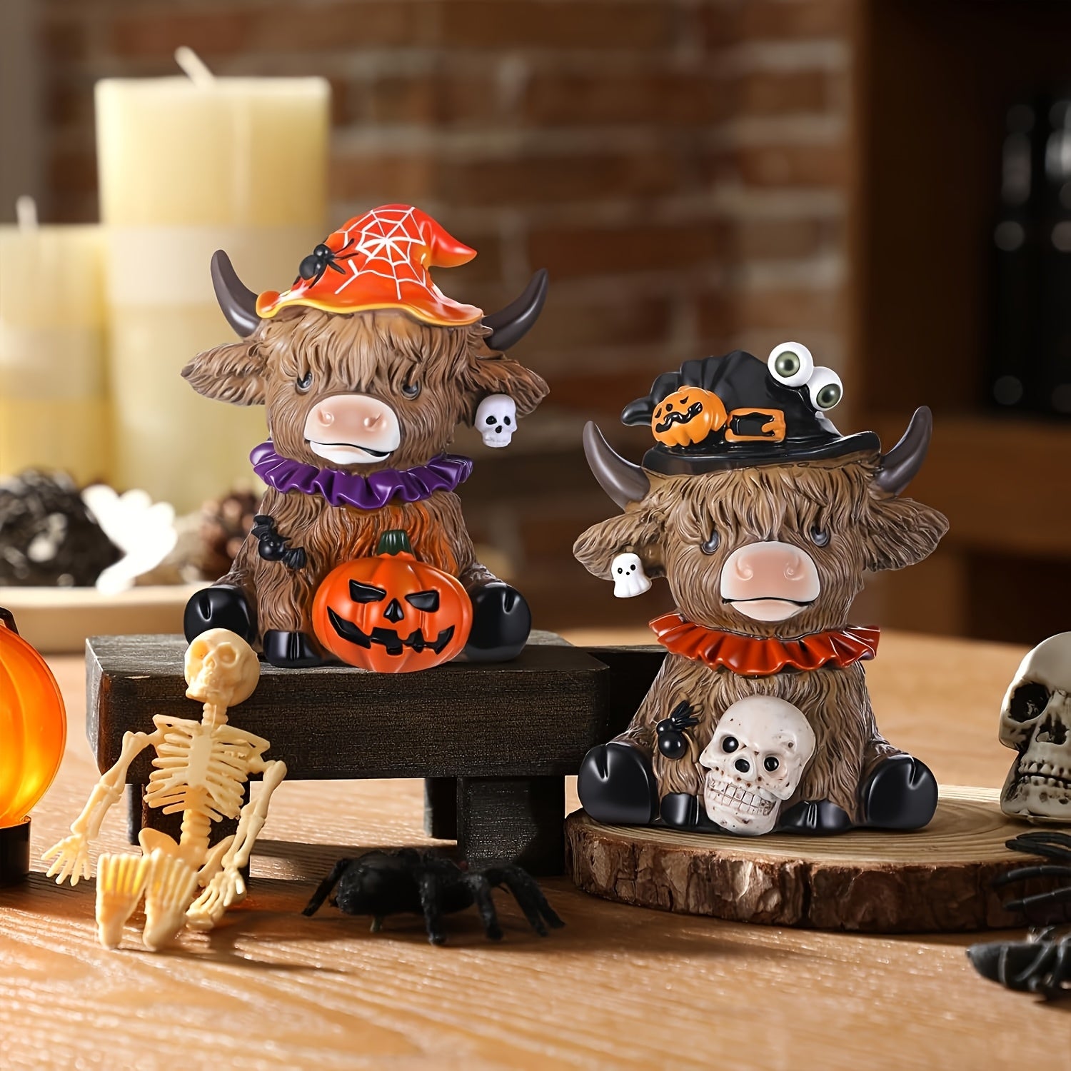 Spooky Highland Cow Halloween Figurines with Witch Hats