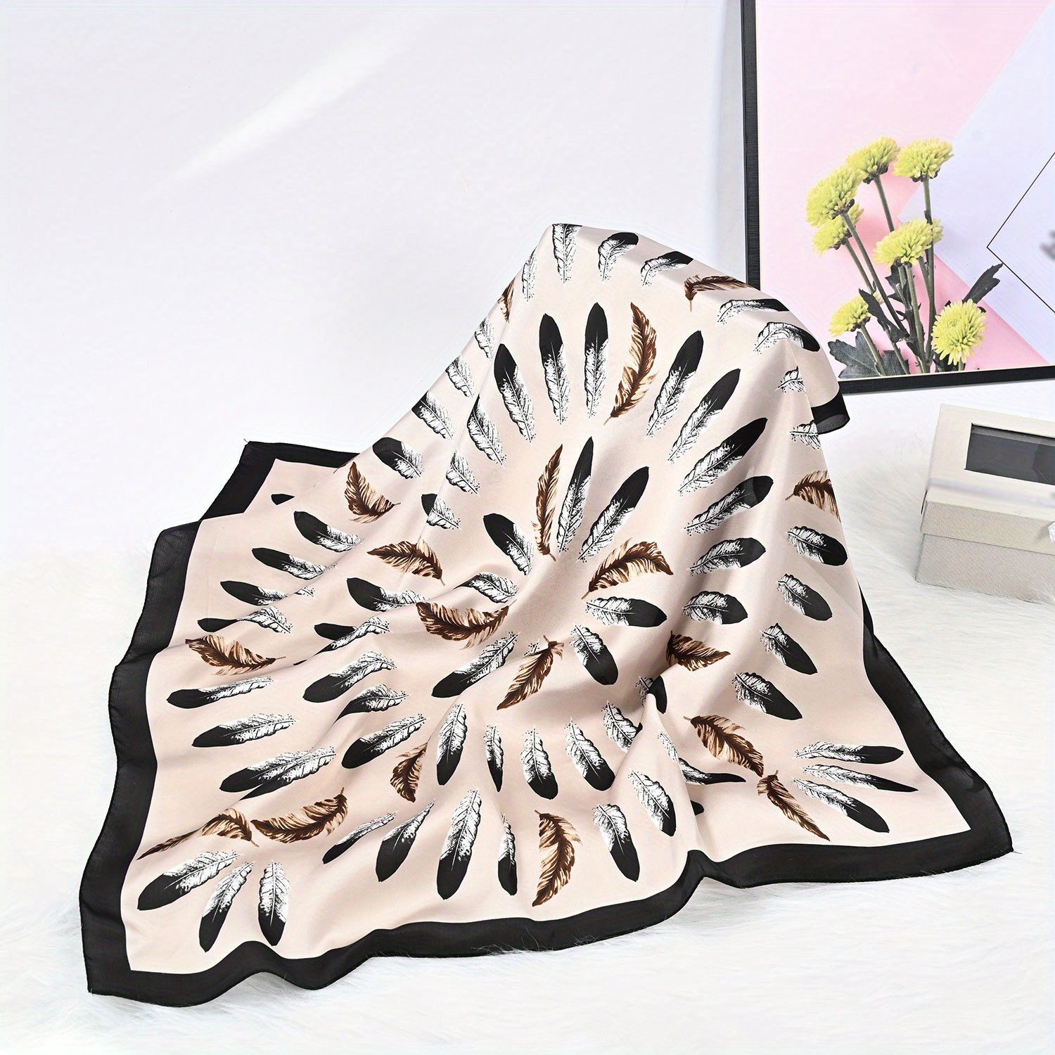 Vintage Feather Print Bandana Shawl Satin Scarf Neckerchief