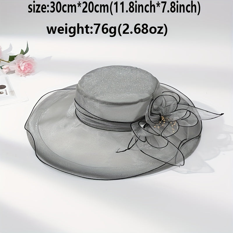 Organza Breathable Derby Hat Mesh Lace Flower Sun Hat Solid Church Hat