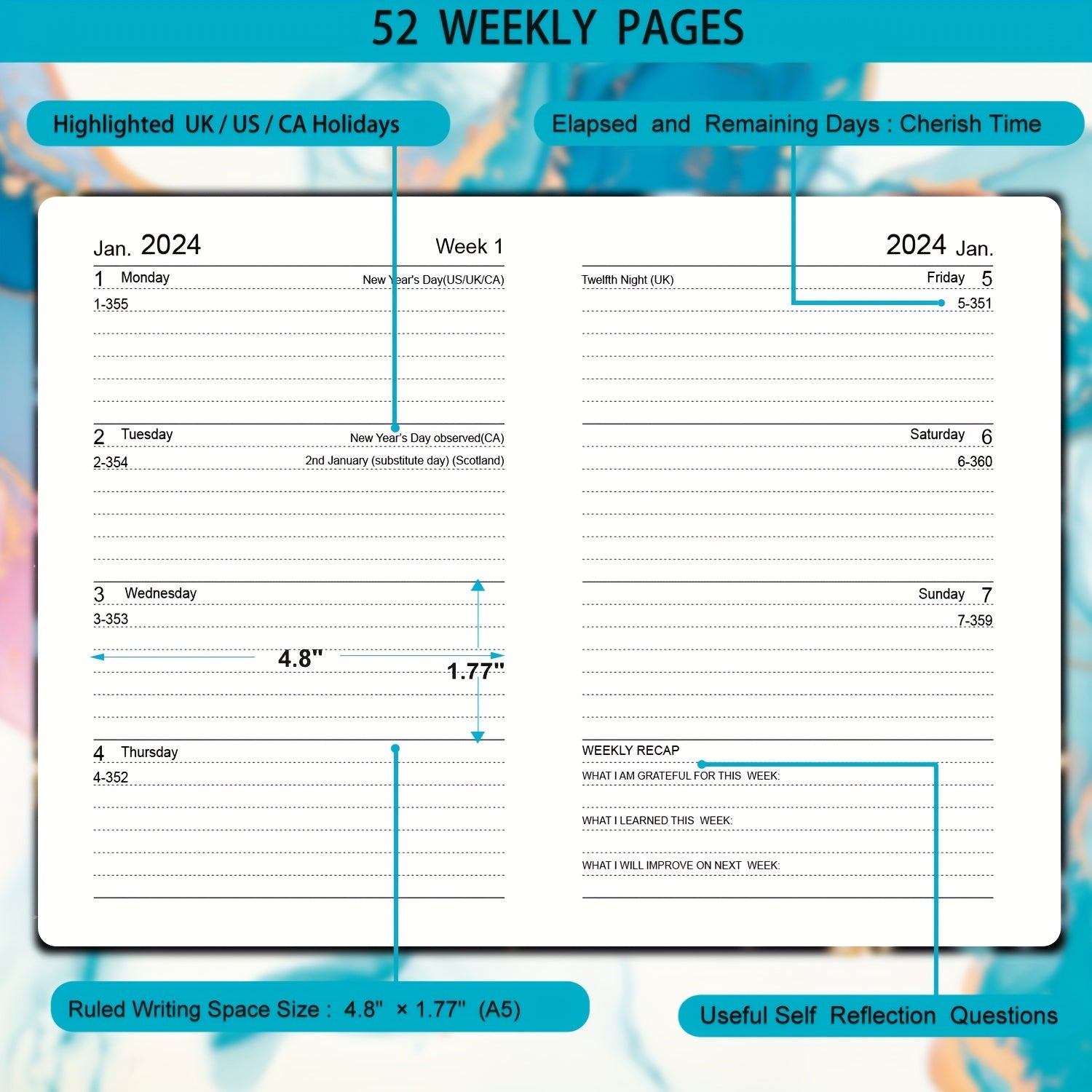 A5 Week To View Diary Jan-Dec Faux Leather Hard Cover Weekly Diary