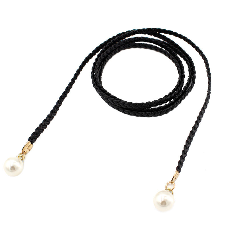Braided Thin Belt Women's Decor Waist Rope Sweet Dress Tie With Pearl