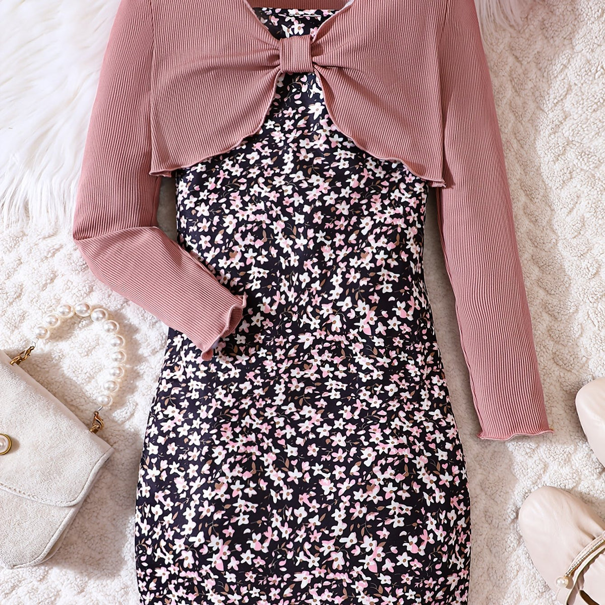 Girl's Floral Sundress & Ribbed Cardigan Set for Spring