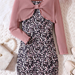 Girl's Floral Sundress & Ribbed Cardigan Set for Spring