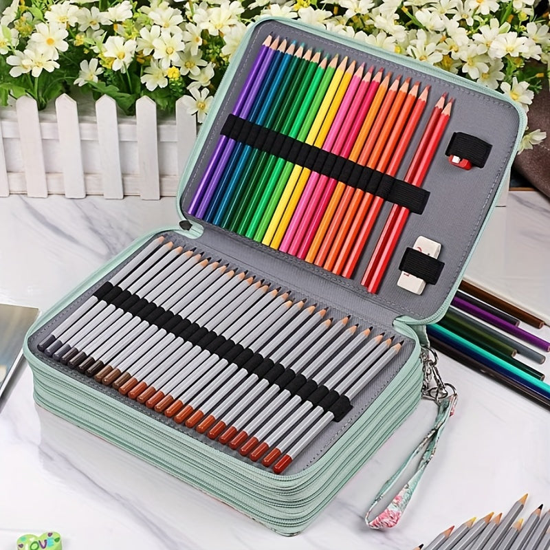 200 Holes Pencil Case Colored Pencil Holder Pen Storage Bag Zipper Rose Green