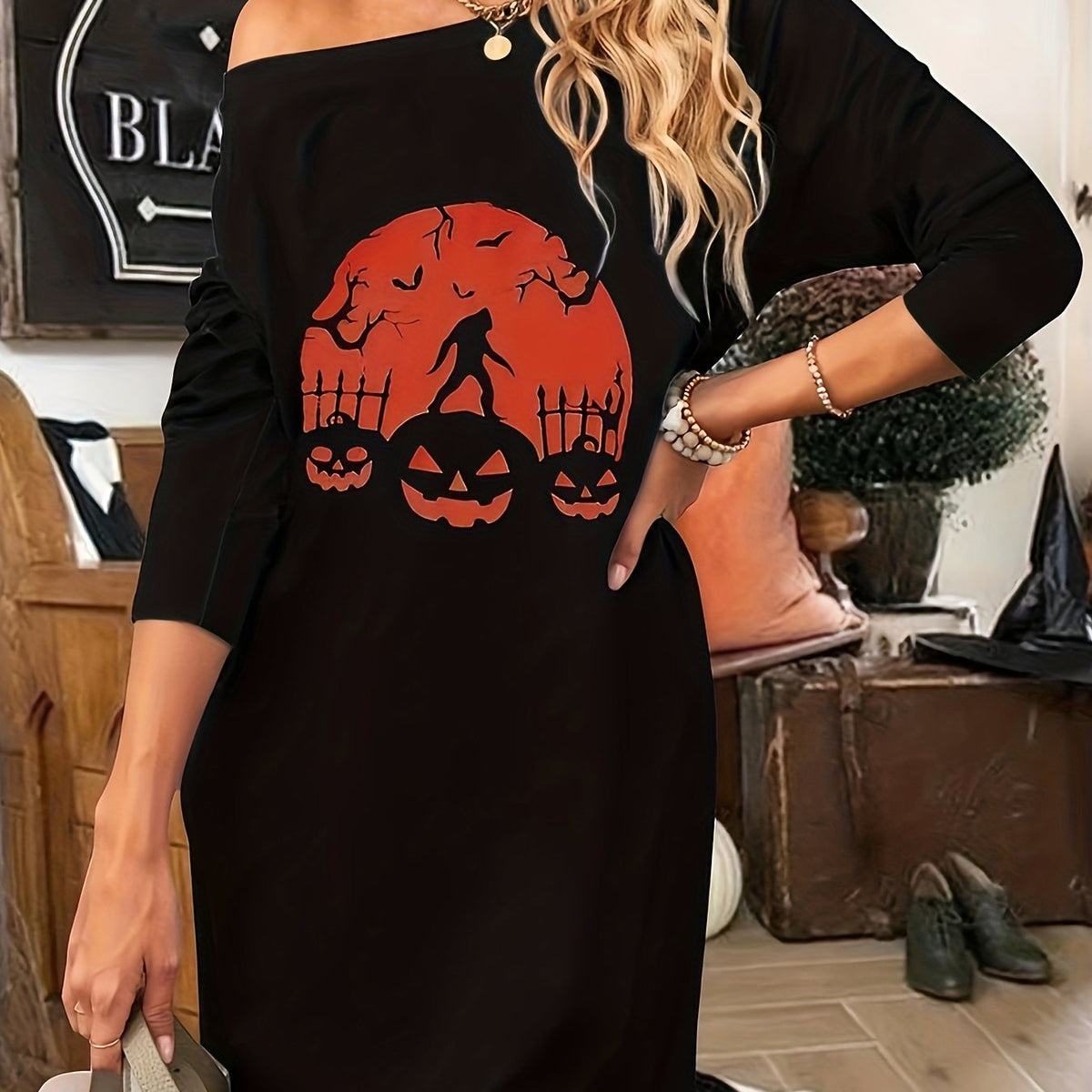  Pumpkin Print Long Sleeve Casual Dress