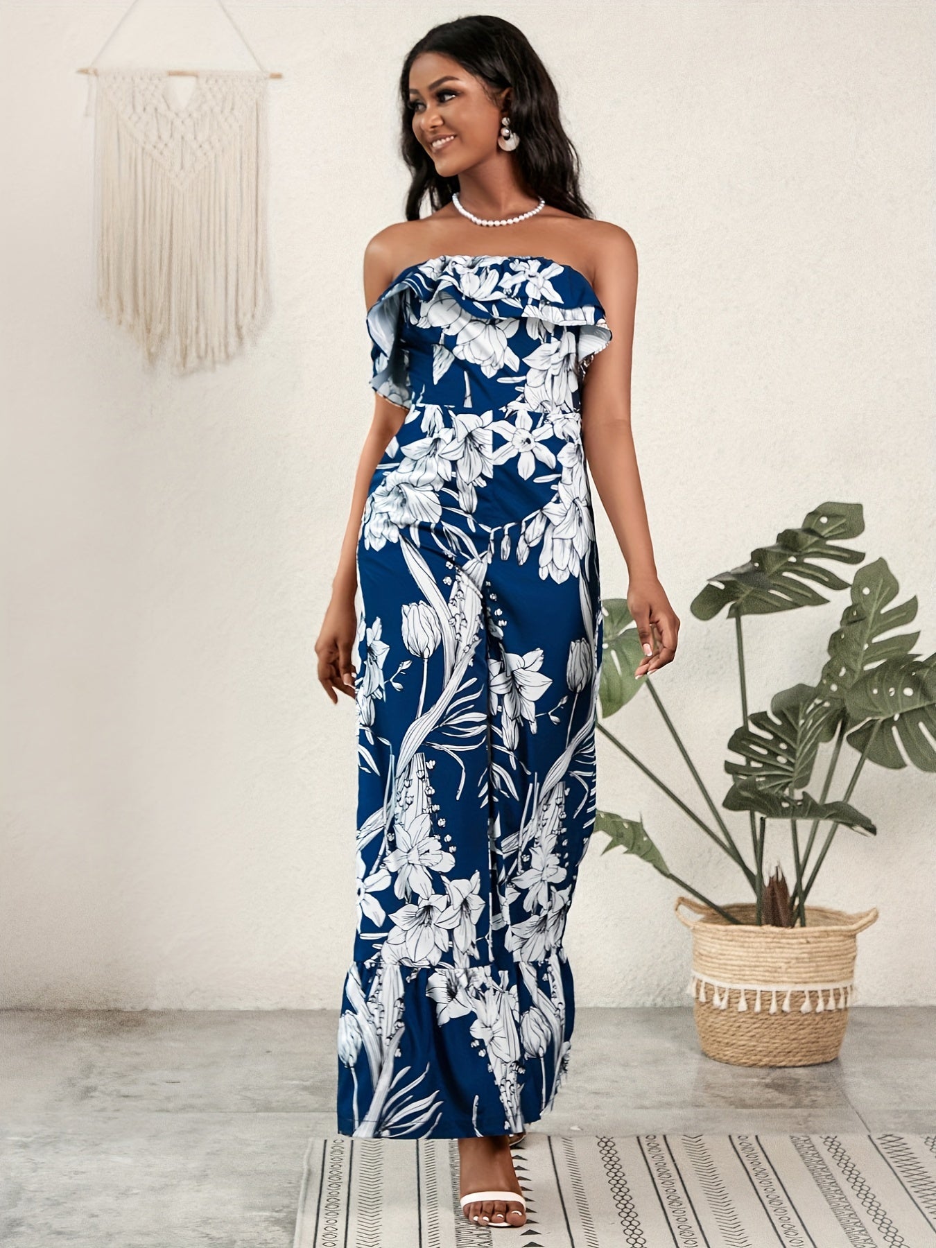Floral Off Shoulder Jumpsuit High Waist Vacation Wear