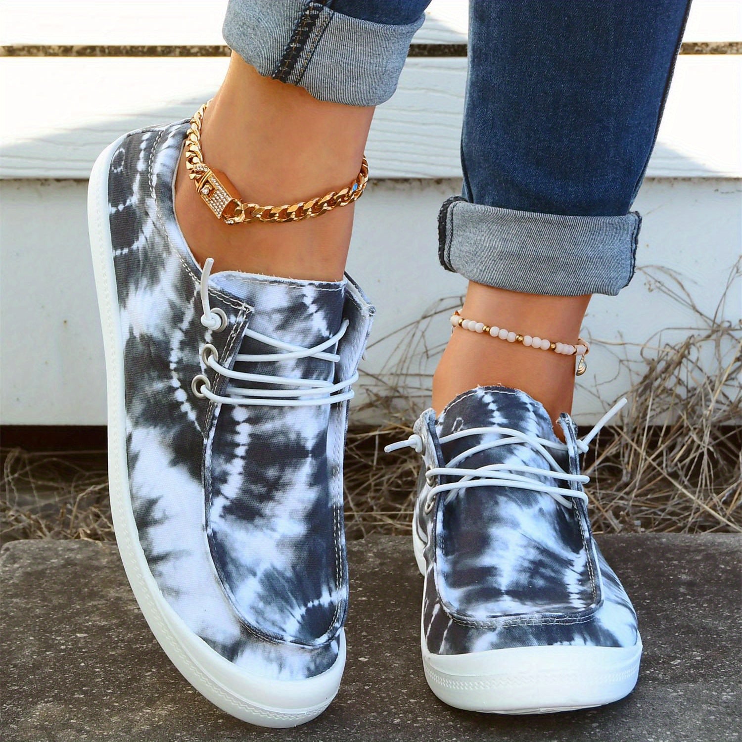 Women's Tie Dye Canvas Shoes Round Toe Lace Up Comfy Slip On Shoes
