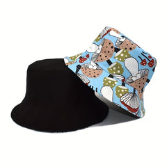 Mushroom Print Reversible Bucket Hat Unisex Outdoor Sun Cartoon Basin Hat