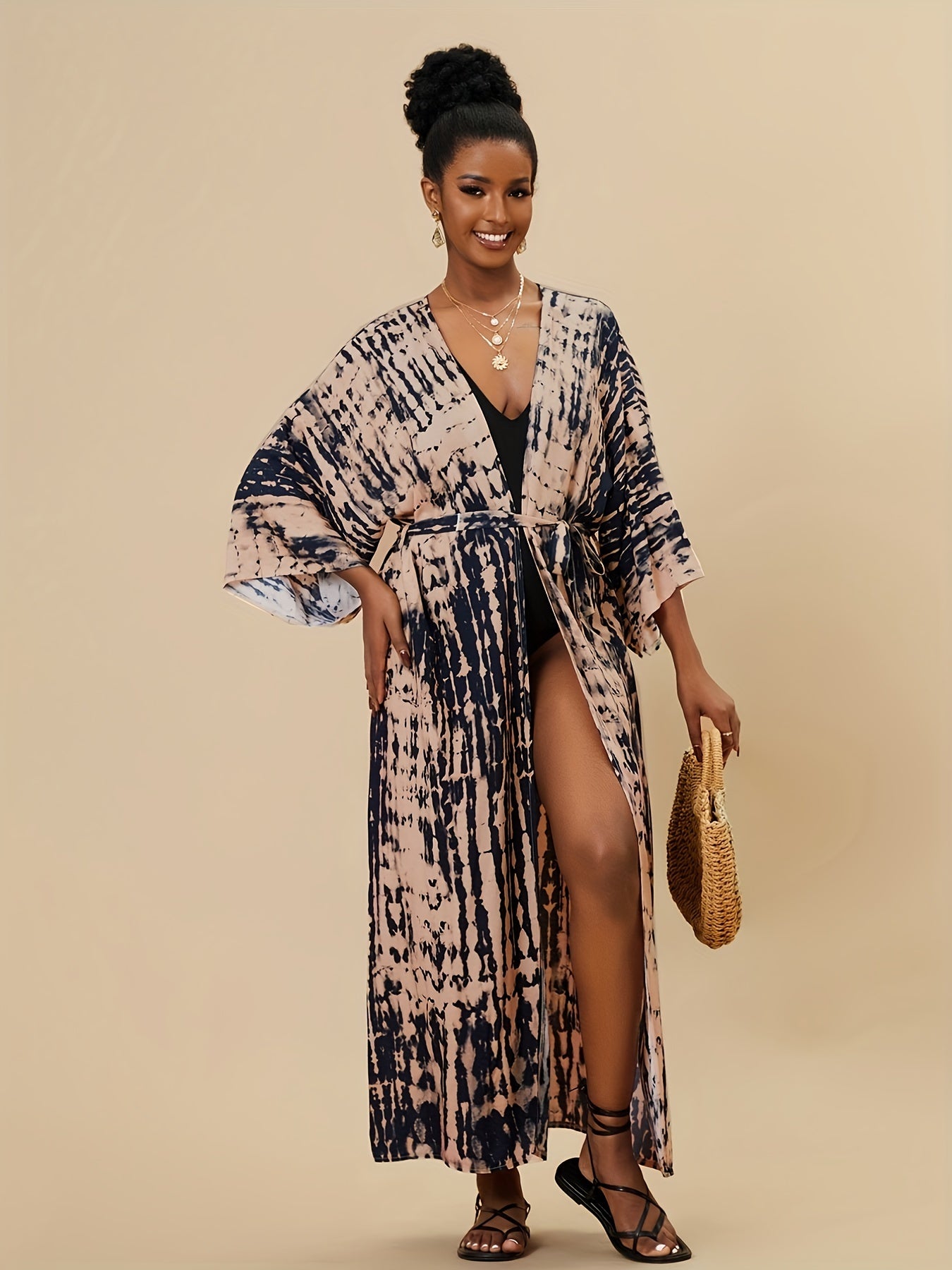 Tie Dye Cover Up Shirt V Neck Loose Fit Long Sleeves Beachwear Kimono