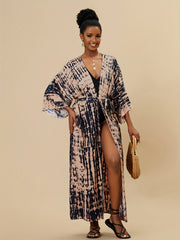 Tie Dye Cover Up Shirt V Neck Loose Fit Long Sleeves Beachwear Kimono