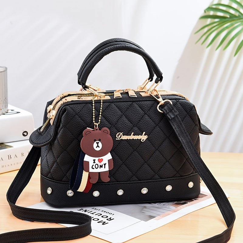 Argyle Quilted Top Handle Bag Rhinestones Zipper Crossbody Bag