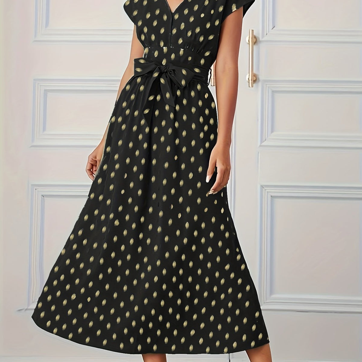 Plus Dot Print Cap Sleeve V Neck Maxi Dress With Belt