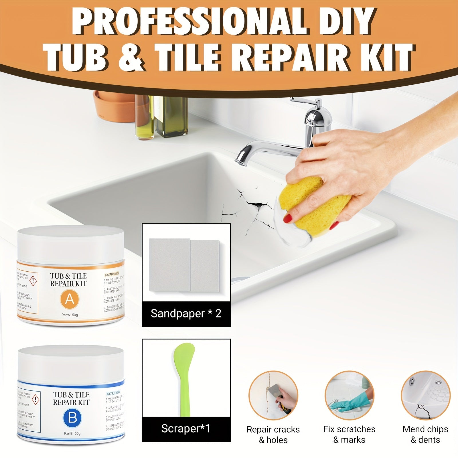 VERN Tub Repair Kit - Fixes Fiberglass, Acrylic, Porcelain, Tile