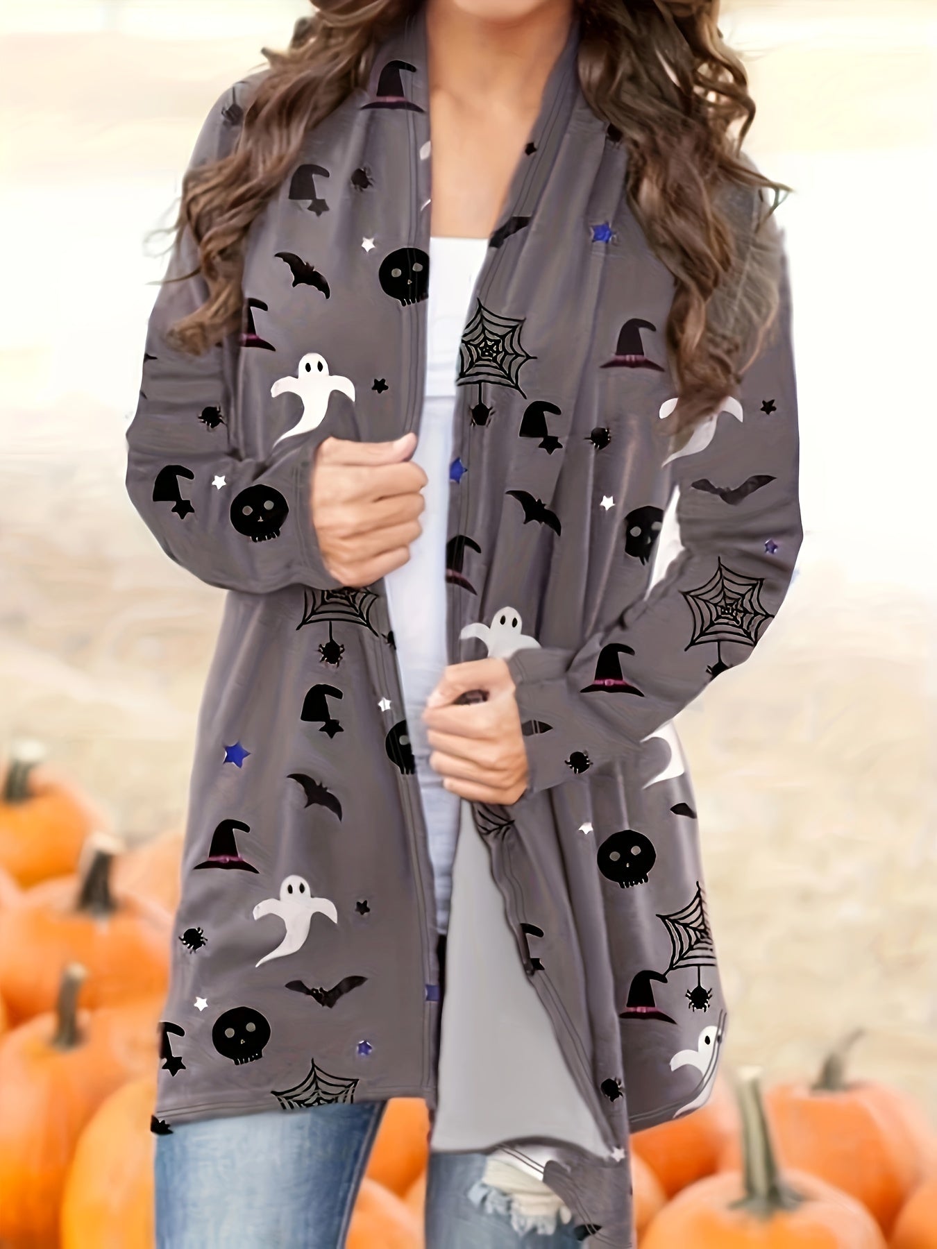  Halloween Cardigan Women's Open Front Graphic Print Long Sleeve