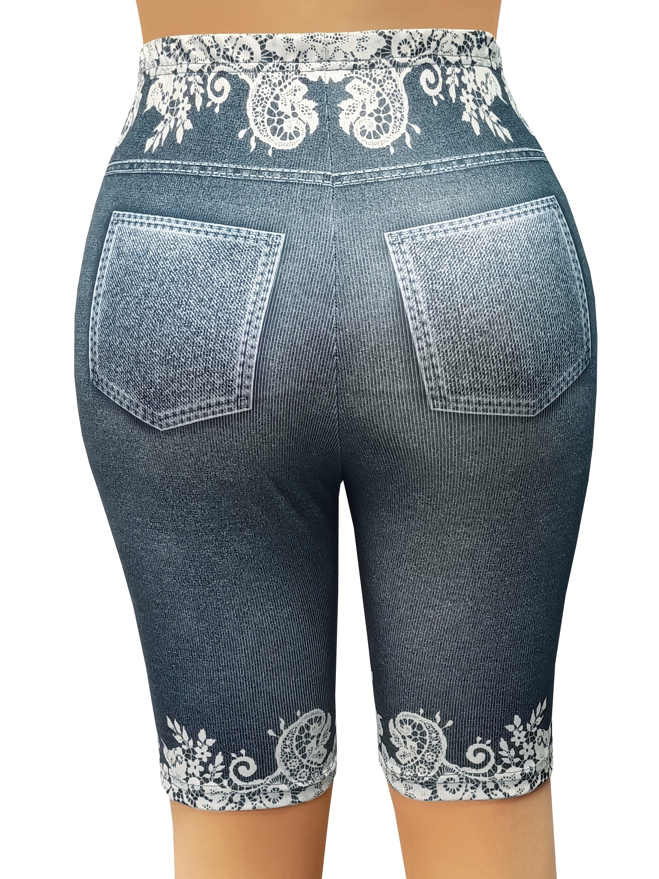  Denim & Butterfly Print Stretchy Skinny Shorts