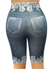  Denim & Butterfly Print Stretchy Skinny Shorts