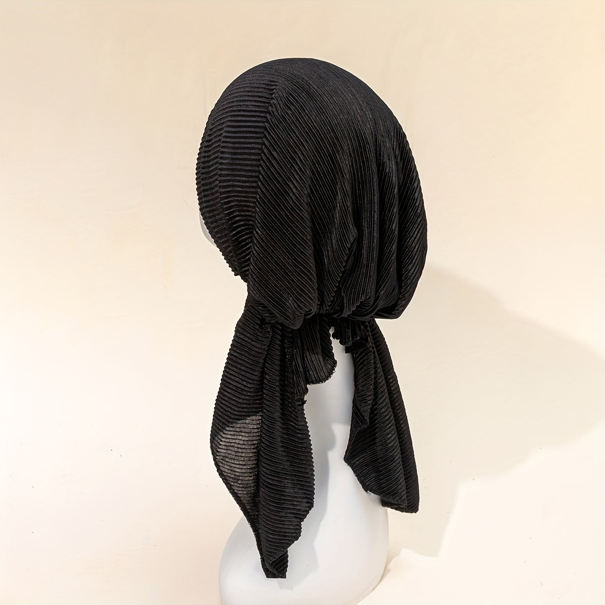 Crinkle Turban Cap Solid Head Wrap Elastic Hijab Lace Up Bonnet