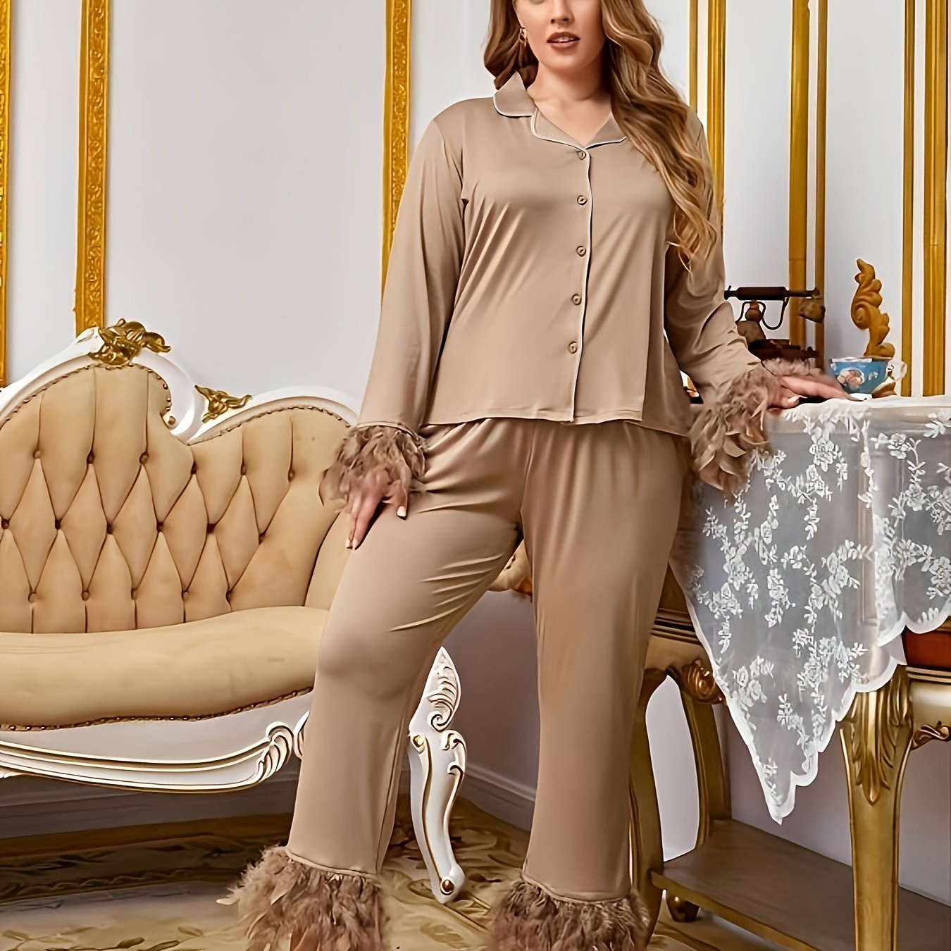 Women's Plus Fuzzy Trim Button Up Pajama Set