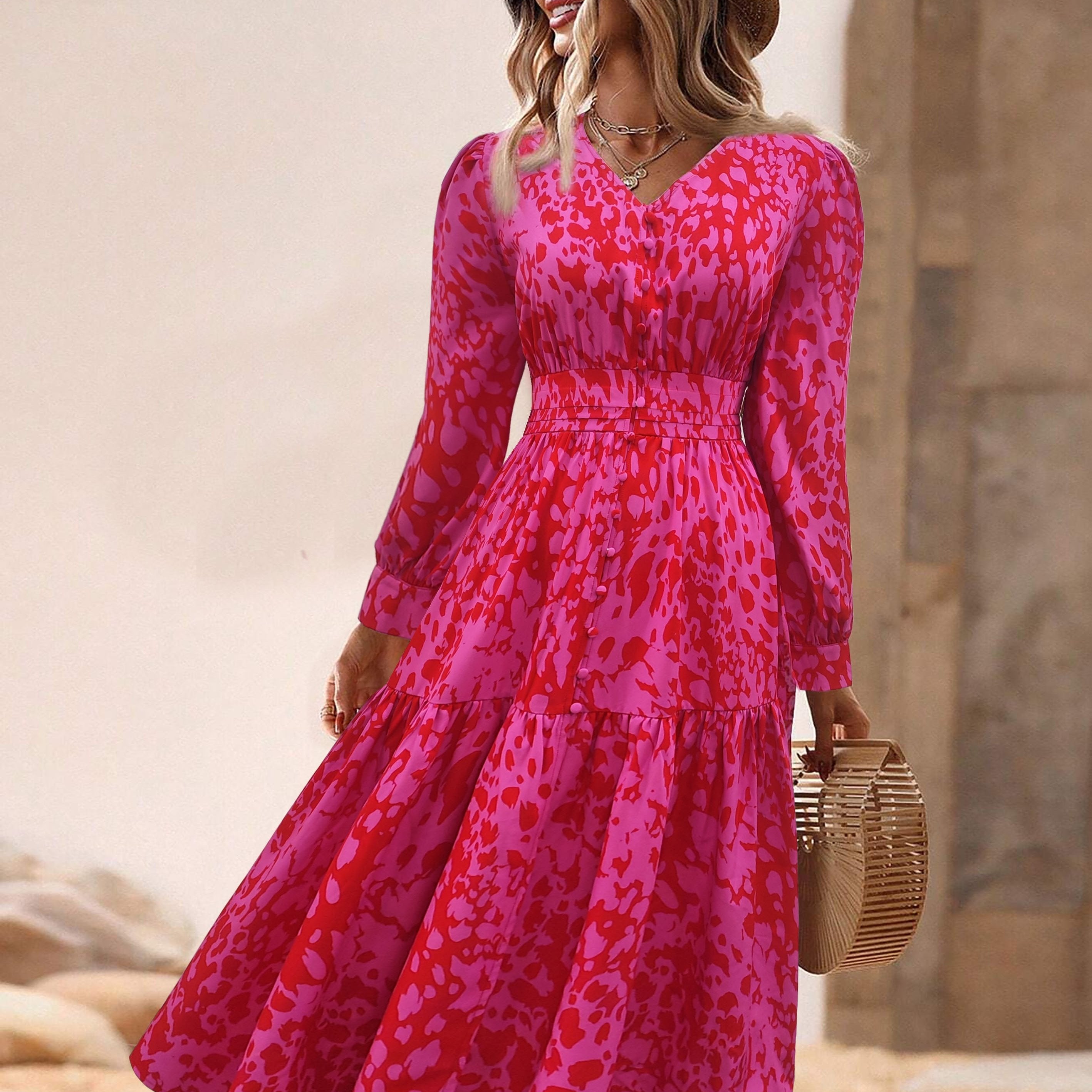  Allover Print Button Decor Midi Smock Dress