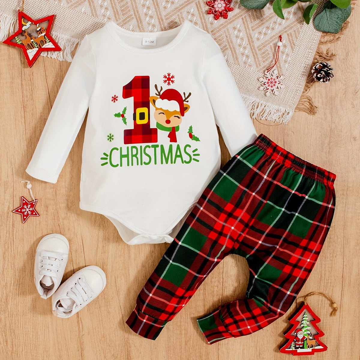 2pcs Baby Boys Christmas Elk Onesie Top and Plaid Footed Trousers Set