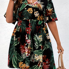  Tropical Print Bell Sleeve Dress