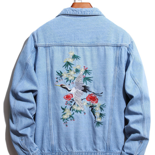 Men's Crane Embroidered Denim Jacket Hip Hop Style