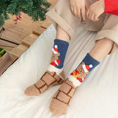 Christmas Bear Print Socks Fuzzy Warm Women's Stockings