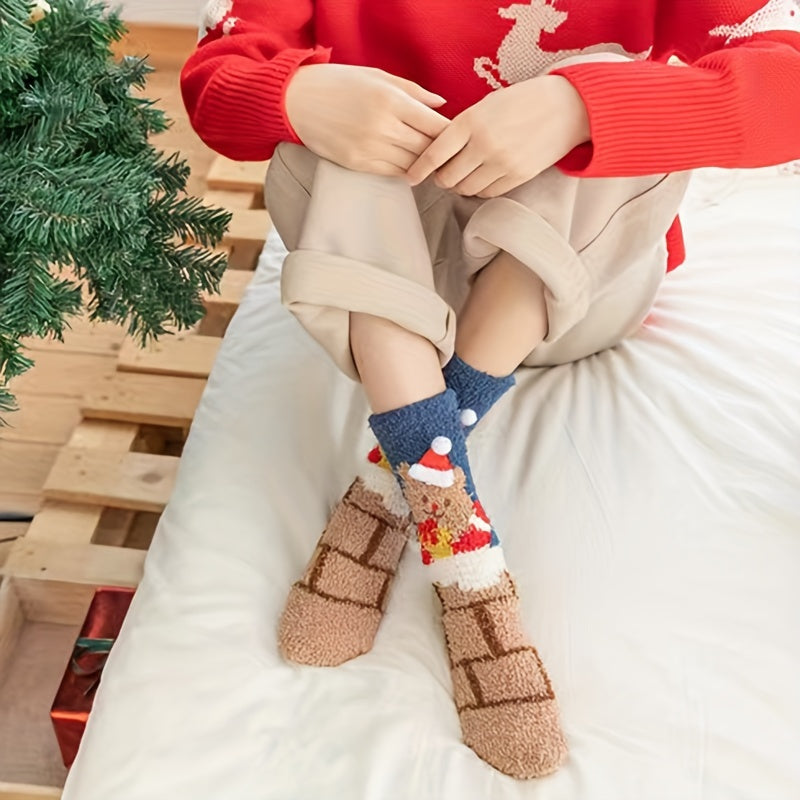 Christmas Bear Print Socks Fuzzy Warm Women's Stockings