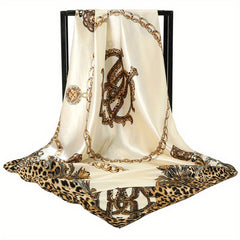 Leopard Chain Print Bandana Satin Square Head Scarf Solid Shawl