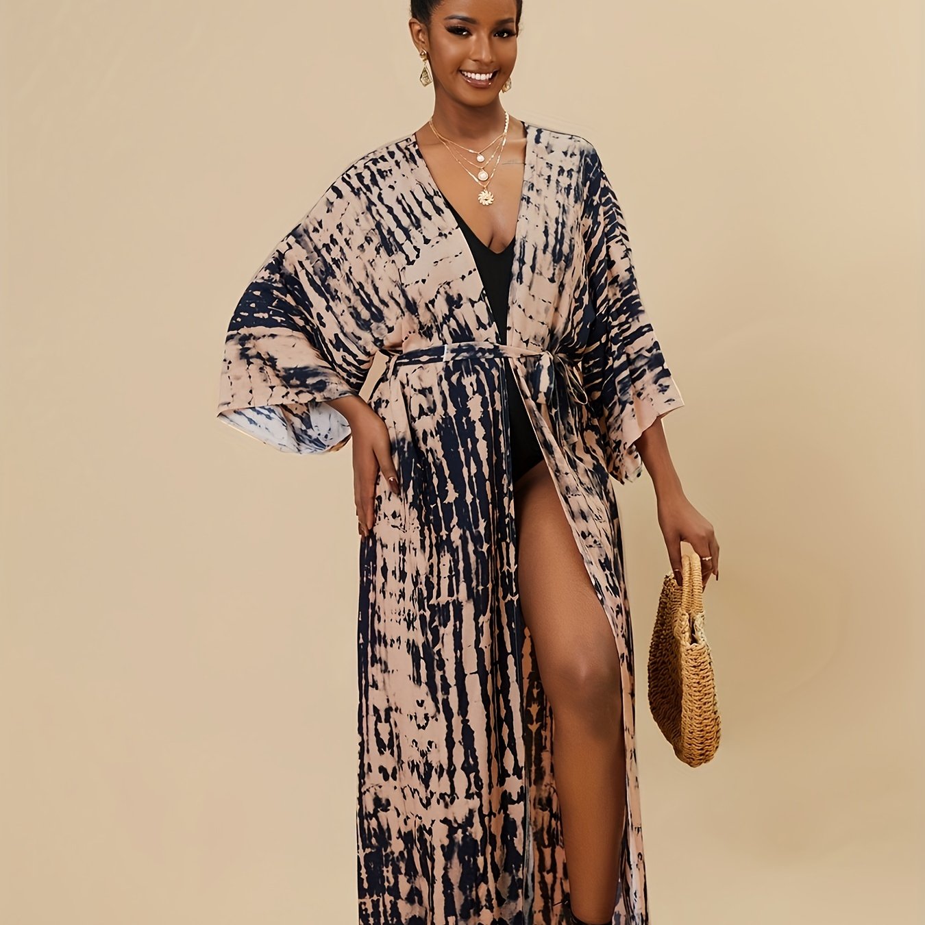 Tie Dye Cover Up Shirt V Neck Loose Fit Long Sleeves Beachwear Kimono