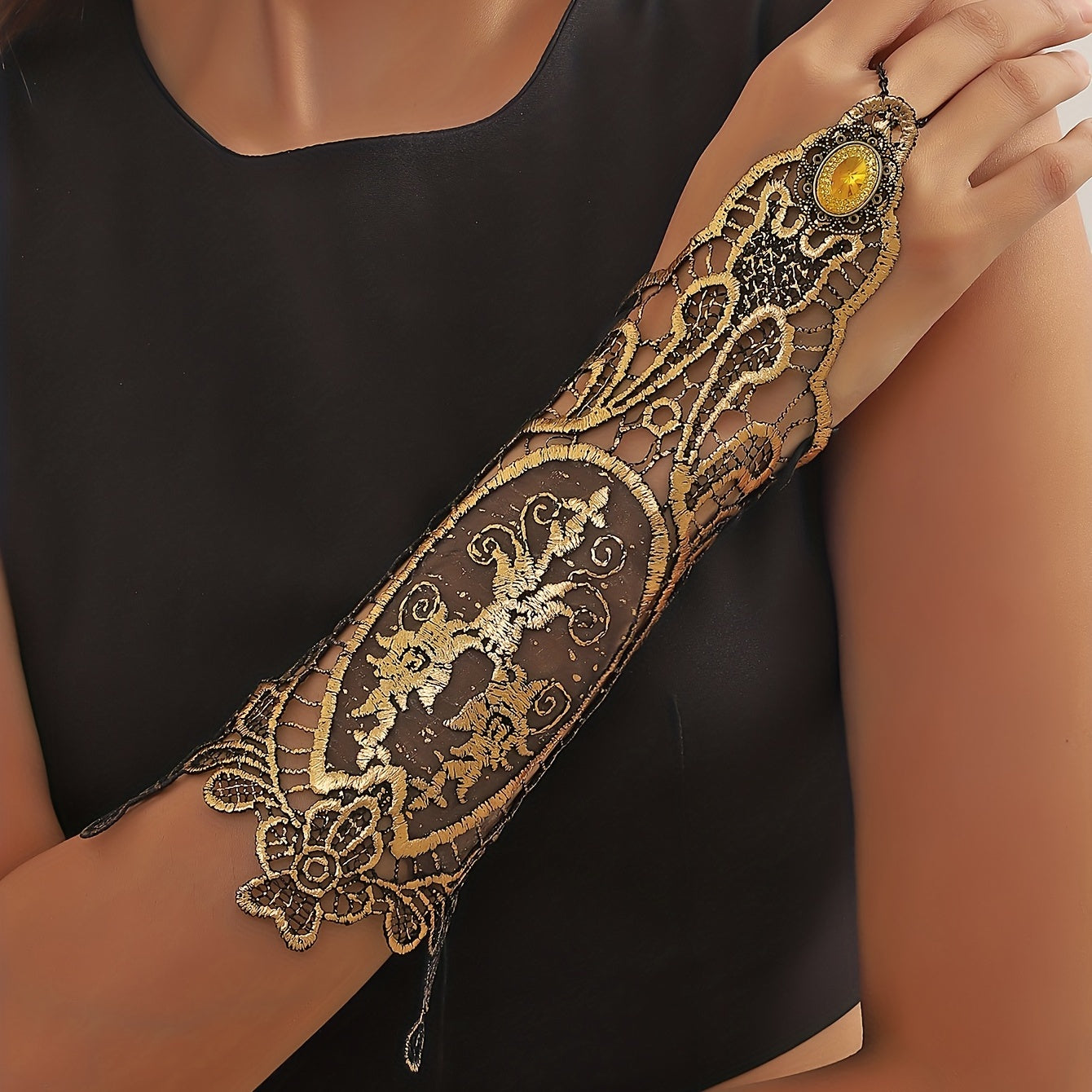 Golden Rhinestone Gothic Steampunk Lace Cuff Fingerless Glove