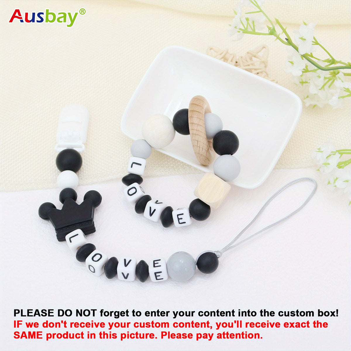 2pcs Personalized Baby Dummy Clip with Name Baby Rattle Teether Ring