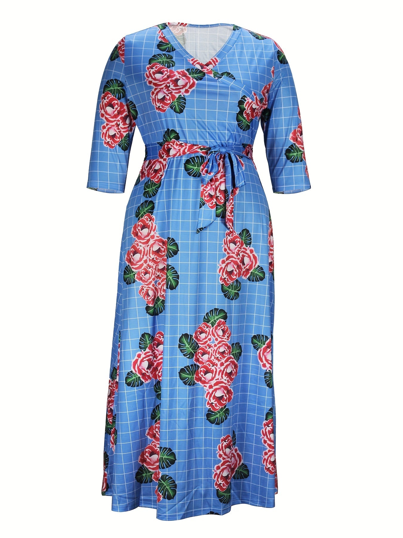  Floral & Grid Print Side Knot Sleeve Maxi Dress