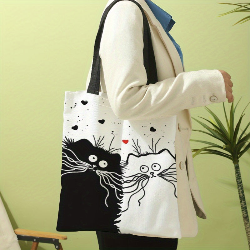 Cat Print Canvas Tote Bag Cartoon Travel Beach Shoulder Bag