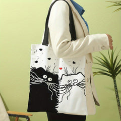 Cat Print Canvas Tote Bag Cartoon Travel Beach Shoulder Bag